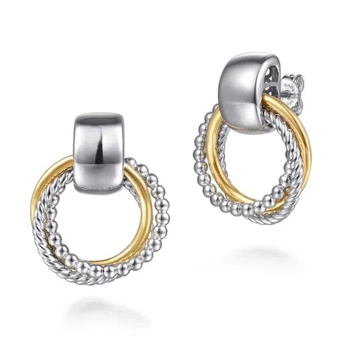 14 Karat Yellow Gold and Sterling Silver Bujukan Interlocking Circle Door Knocker Stud Earrings