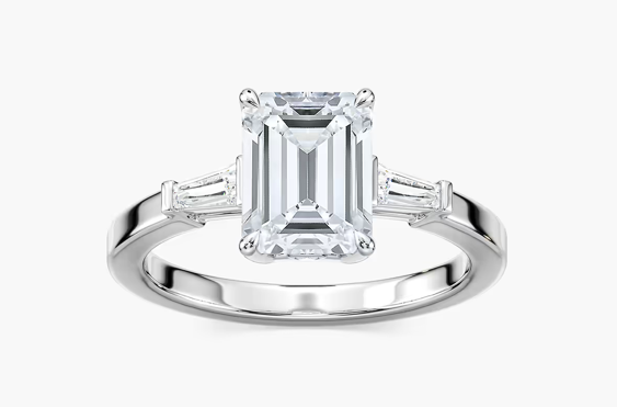14k White Gold 2.00 F VS2 Lab Grown Emerald Cut Engagement Ring with Baguette Sides