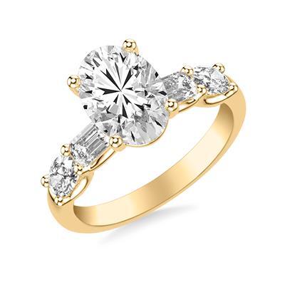 14k YG Classic Lab-Created Five Stone Diamond Engagement Ring with Mixed Fancy Emerald and Oval Diamonds and 2.51 Oval Center