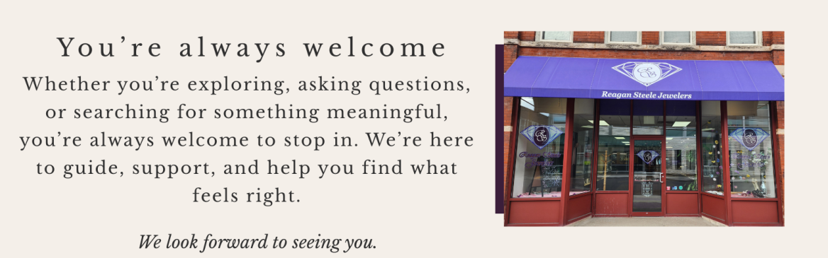 Welcoming storefront of Reagan Steele Jewelers in Sayre, PA inviting clients to explore fine jewelry in a relaxed and thoughtful environment.