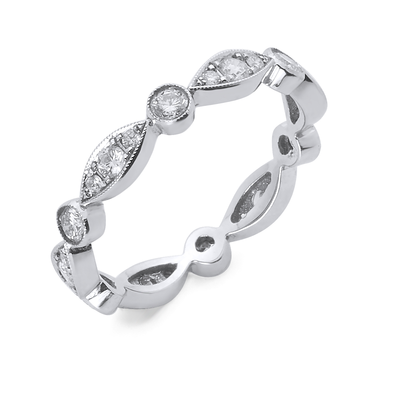 1.99 Grams, 14k White Gold Eternity Ladies Band Containing 24 Round Diamonds Totaling 0.49ct Of F Color, VS Clarity.